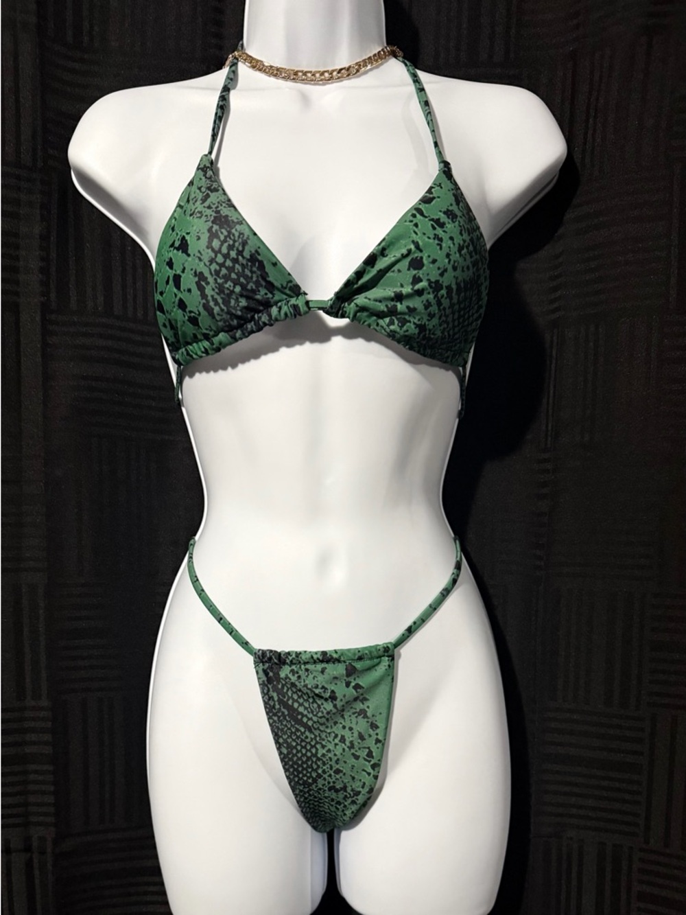 Green Snake Skin 3PC Bikini Set, S